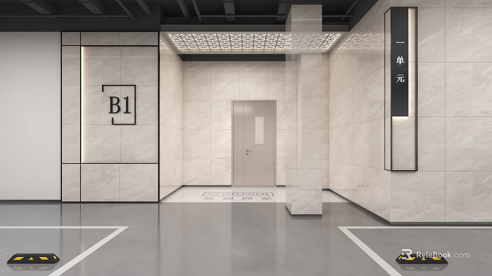 Elevator Lobby With Light Tiles B1 Unit Signs And Ceiling Lights 3d model