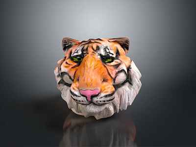 Colorful Tiger Head Sculpture With Orange Black Stripes Green Eyes And Pink Nose 3d model