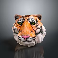 Colorful Tiger Head Sculpture With Orange Black Stripes Green Eyes And Pink Nose