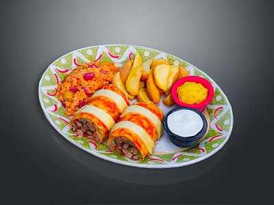 Delicious Stuffed Rolled Food With Crispy Potato Fries And Dips On Decorative Plate 3d model