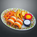 Delicious Stuffed Rolled Food With Crispy Potato Fries And Dips On Decorative Plate