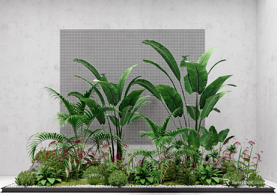 Vibrant Flowers And Lush Green Plants With Large Leaves Against Gray Grid Background 3d model 