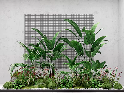 Vibrant Flowers And Lush Green Plants With Large Leaves Against Gray Grid Background 3d model