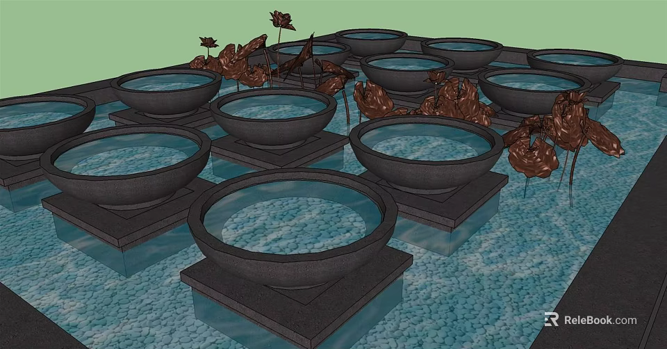 Garden Water Feature With Decorative Black Bowls Square Bases And Red Plants 3d model 