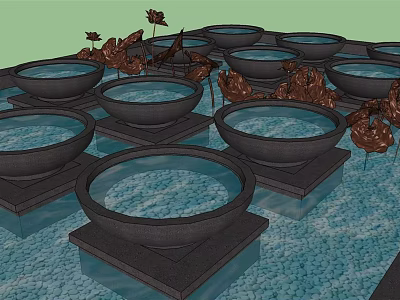 Garden Water Feature With Decorative Black Bowls Square Bases And Red Plants 3d model