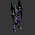 Purple Green Mecha Character 3D Model Design With Armored Body And Robotic Head Structure