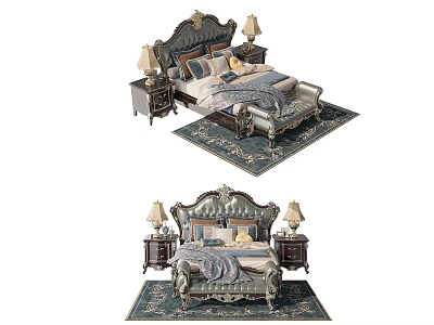 Luxurious European Style Double Bed With Carved Headboard Nightstands Lamps And Decorative Rug 3d model