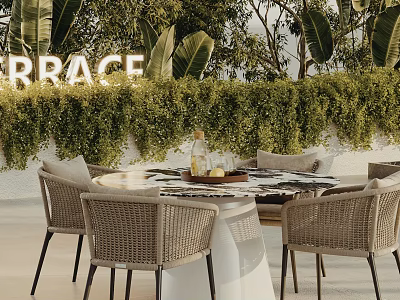 Outdoor Rattan Table And Chairs Set With Green Plant Backdrop And Decorative Tray 3d model