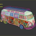 Vintage Volkswagen Van Decorated With Colorful Floral Patterns And Wooden Roof Rack