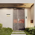 Modern Entrance Door With Engraved Metal Patterns And Green Plants Near House Number