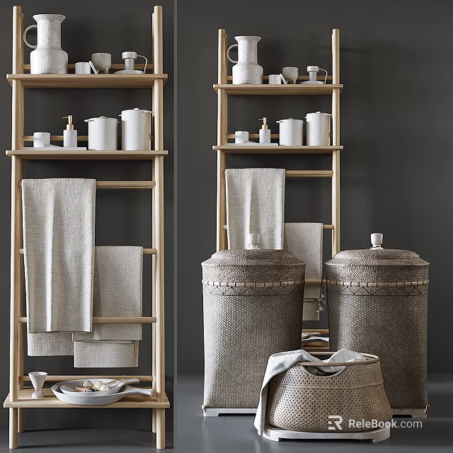 Modern Natural Wood Shelving Unit With Towels Woven Baskets And Storage Jars 3d model 