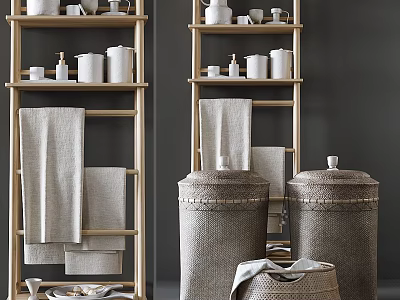 Modern Natural Wood Shelving Unit With Towels Woven Baskets And Storage Jars 3d model
