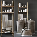 Modern Natural Wood Shelving Unit With Towels Woven Baskets And Storage Jars
