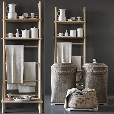 Modern Natural Wood Shelving Unit With Towels Woven Baskets And Storage Jars 3d model