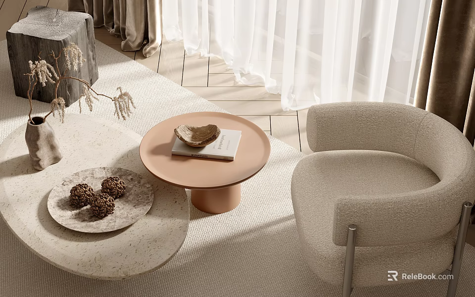 Modern Light Toned Single Seater Sofa With Round Side Table And Decorative Rug 3d model 