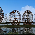 Garden Ornaments Featuring Wooden Water Wheels Water Area Lotus Flowers And Green Grassland
