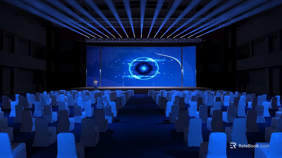 Modern Conference Hall Setup Featuring Blue Lighting Large Screen Eye Graphic And Seats 3d model 