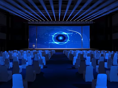 Modern Conference Hall Setup Featuring Blue Lighting Large Screen Eye Graphic And Seats 3d model