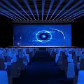 Modern Conference Hall Setup Featuring Blue Lighting Large Screen Eye Graphic And Seats