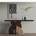 Stylish Console Table with Black Top Fan Shaped Wooden Base Fern Plant and Wall Artwork