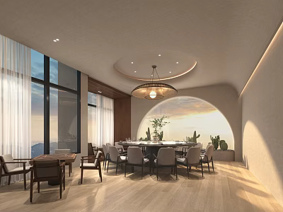 Modern Private Dining Room With Round Table Chairs Large Windows And Scenic View 3d model