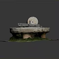 Traditional Stone Mill With Circular Base And Roller On Grassy Ground 3d model