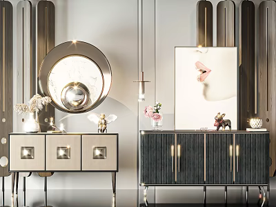 Modern Entryway Cabinet And Sideboard With Round Mirror Metal Accents And Decorative Vases 3d model