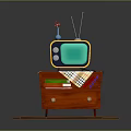 Vintage Yellow TV On Red Cabinet With Books Colored Pencils And Checkered Cloth