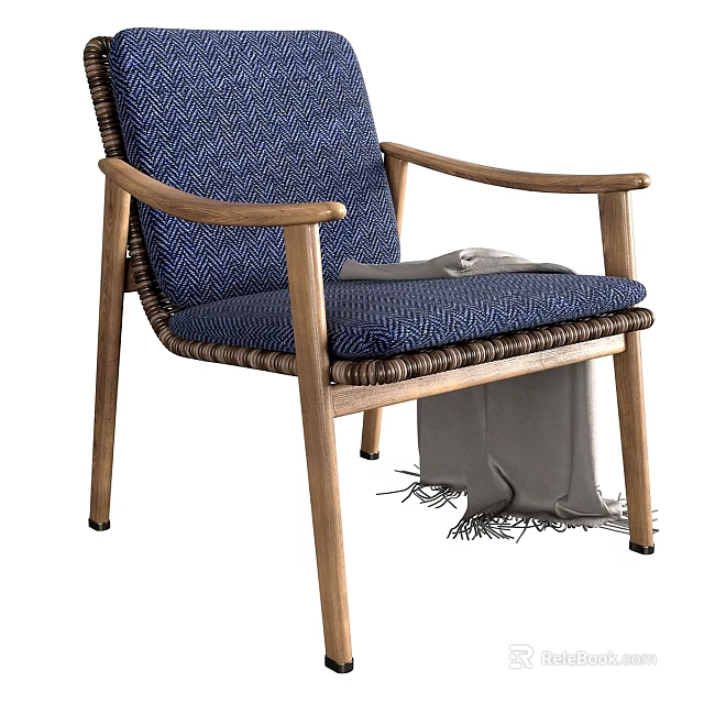 Cozy Leisure Accent Chair With Wooden Armrests Blue Woven Cushion And Gray Throw 3d model 