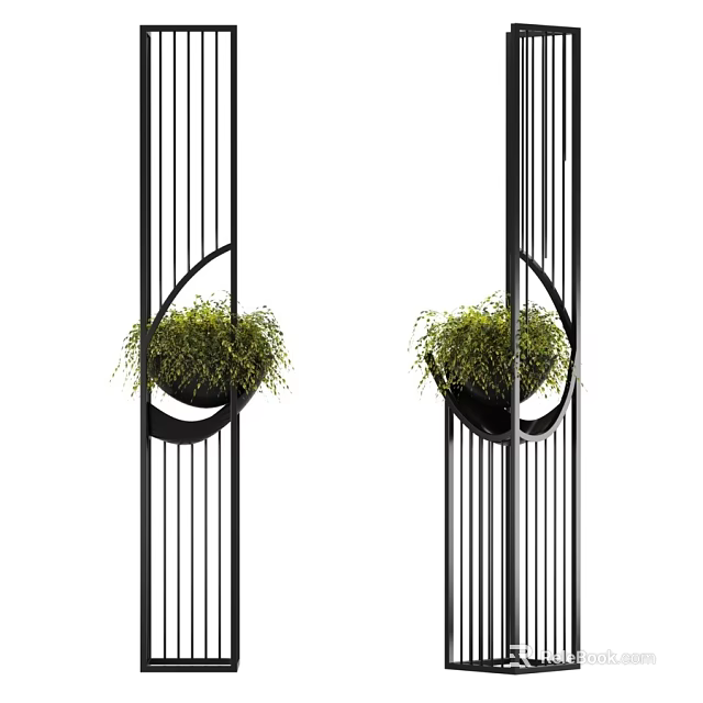 Hanging Bonsai Potted Plants In Black Metal Frame Modern Decorative Structure With Green Foliage 3d model 