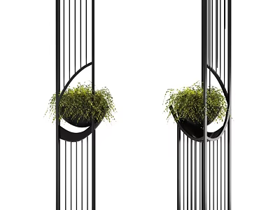 Hanging Bonsai Potted Plants In Black Metal Frame Modern Decorative Structure With Green Foliage 3d model