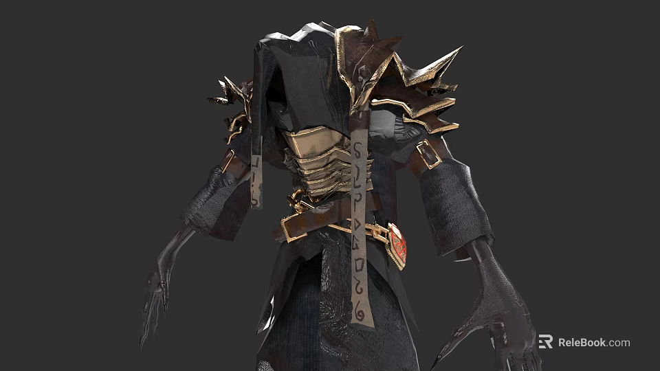 Dark Robed Mythical Character Creature With Spiked Shoulders Ornate Gold Accents And Rune Scrolls 3d model 