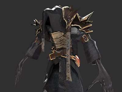 Dark Robed Mythical Character Creature With Spiked Shoulders Ornate Gold Accents And Rune Scrolls 3d model