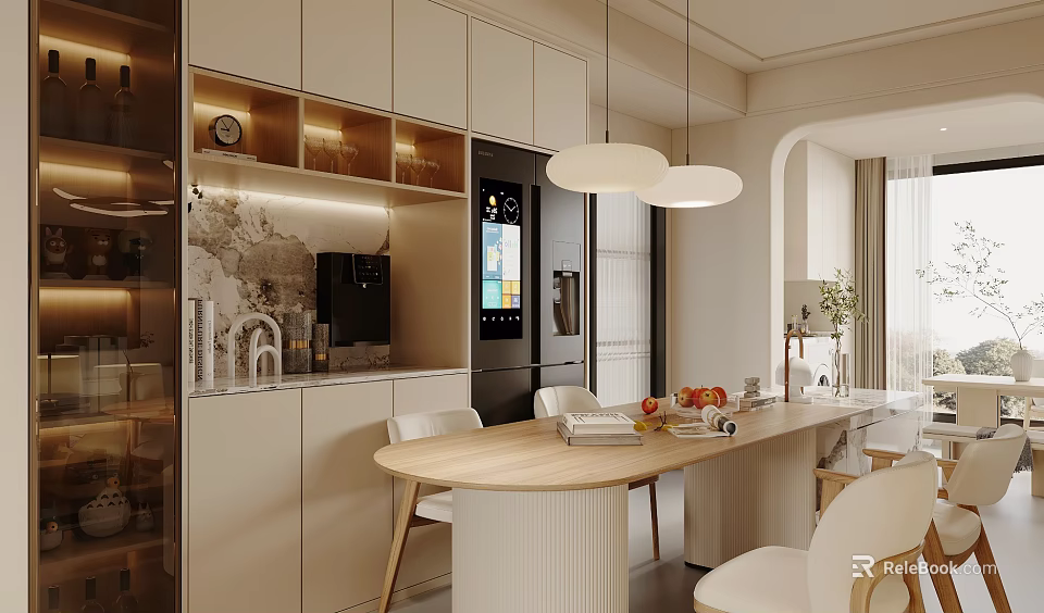 Modern Restaurant Interior Design With Light Colored Cabinets Wooden Table And White Chairs 3d model 