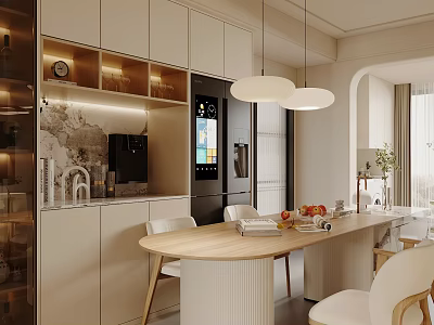 Modern Restaurant Interior Design With Light Colored Cabinets Wooden Table And White Chairs 3d model