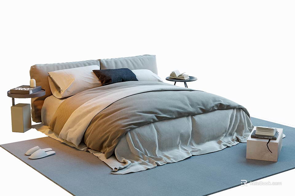 Double Bed With Black Accent Pillow Neutral Bedding Nightstands Gray Rug Cozy Bedroom Interior 3d model 