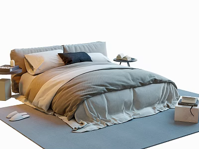 Double Bed With Black Accent Pillow Neutral Bedding Nightstands Gray Rug Cozy Bedroom Interior 3d model