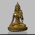 Golden Buddha Sculpture Carving In Sitting Posture With Intricate Headdress Holding Lotus And Carved Base