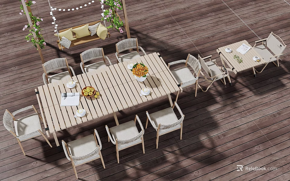 Outdoor Wooden Dining Table Set With Chairs Fruit Centerpiece Tableware On Deck And Greenery 3d model 