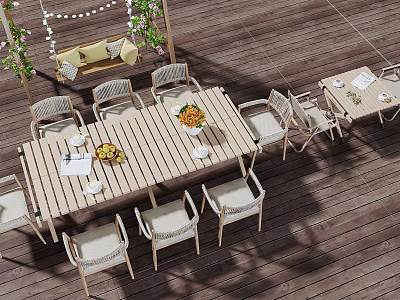 Outdoor Wooden Dining Table Set With Chairs Fruit Centerpiece Tableware On Deck And Greenery 3d model