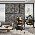 Modern Living Room Interior With Floor to Ceiling Windows Stone Wall Sofa And Coffee Tables