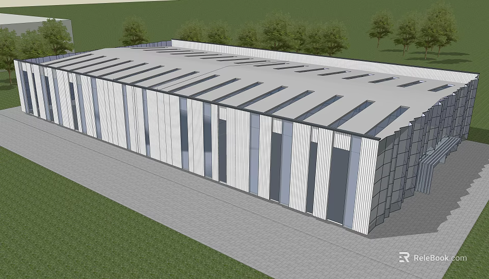 Modern Long Building Exterior With Metal Panels Glass Windows And Green Trees 3d model 