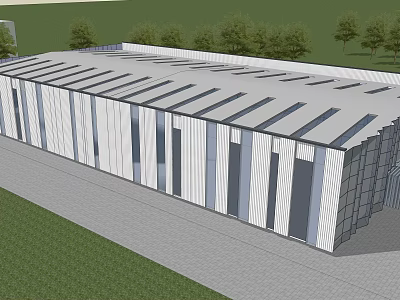 Modern Long Building Exterior With Metal Panels Glass Windows And Green Trees 3d model