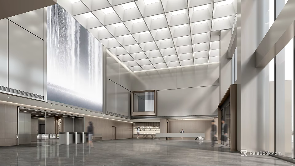 Modern Lobby Reception Desk With Large Screen And Grid Ceiling Spacious Space 3d model