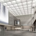 Modern Lobby Reception Desk With Large Screen And Grid Ceiling Spacious Space
