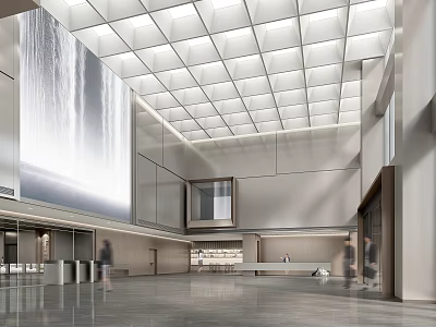 Modern Lobby Reception Desk With Large Screen And Grid Ceiling Spacious Space 3d model