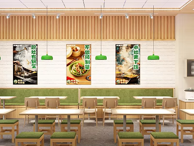 Modern Dining Kitchen Interior With Wooden Walls Green Pendant Lights And Posters 3d model