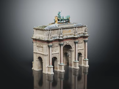 Grand Classical Stone Entrance Gate With Triple Arch Design And Ornate Top Chariot Statue 3d model