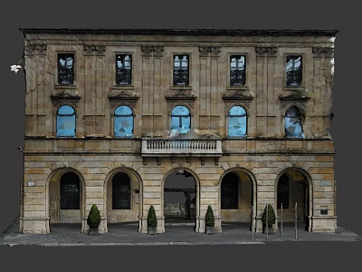 Cartoon Scene Of Classical Stone Building With Arched Doorways Multiple Windows And Small Shrubs In Front 3d model