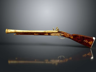 Antique Rifle With Carved Wooden Stock And Golden Barrel Details 3d model